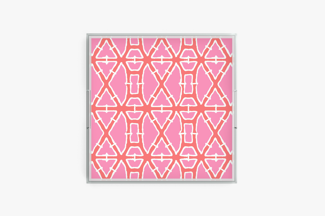 Square acrylic tray with Bamboo Pink pattern on a white background