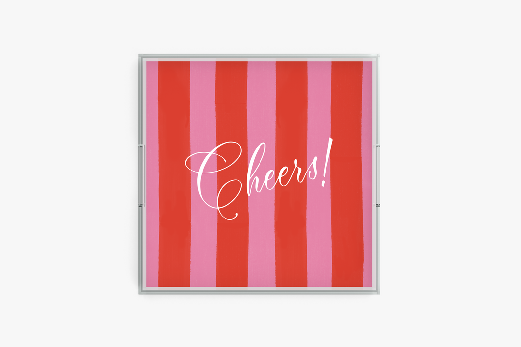 Square acrylic tray with cheers red and pink pattern on a white background