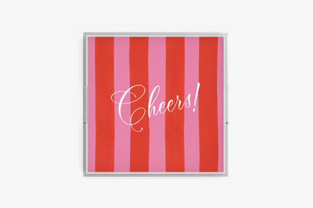 Square acrylic tray with cheers red and pink pattern on a white background