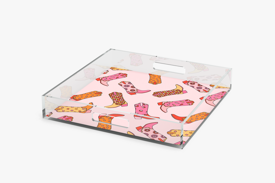 Angle Square acrylic tray withDisco Cowgirl pattern on a white background