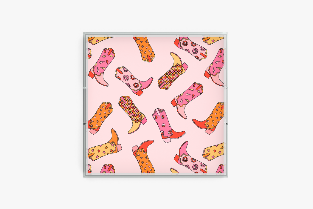 Square acrylic tray with Disco Cowgirl pattern on a white background