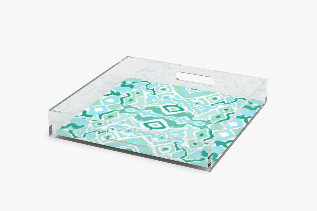 Angle Square acrylic tray with Ikat Mint pattern on a white background