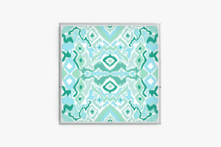 Square acrylic tray with Ikat Mint pattern on a white background