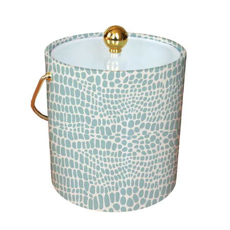 Pebble Blue pattern ice bucket with gold handle and lid on a white background