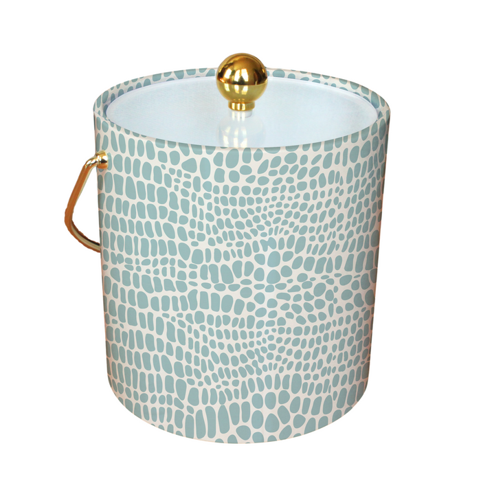 Pebble Blue pattern ice bucket with gold handle and lid on a white background