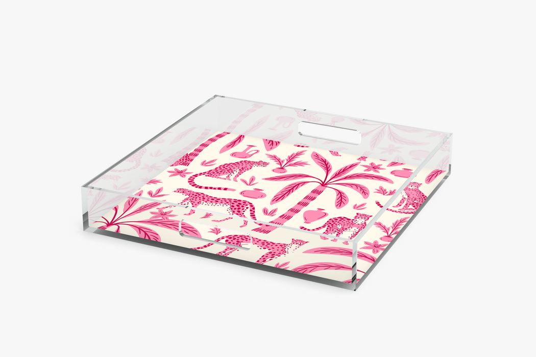 Angle Square acrylic tray with Leopard Palm pattern on a white background