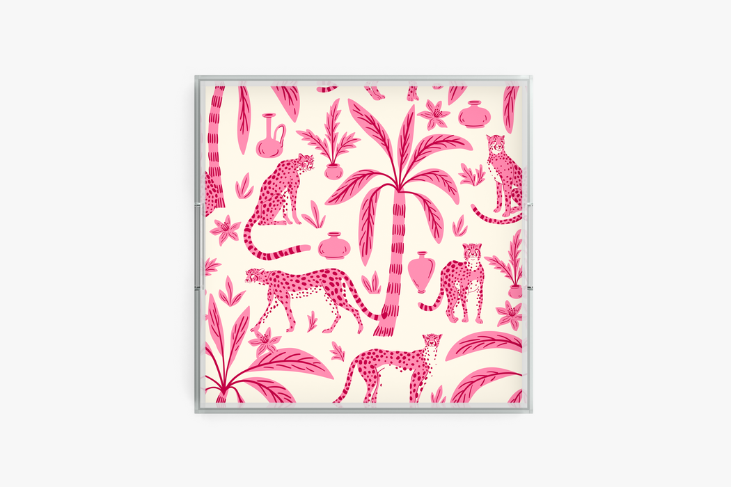 Square acrylic tray with Leopard Palm pattern on a white background