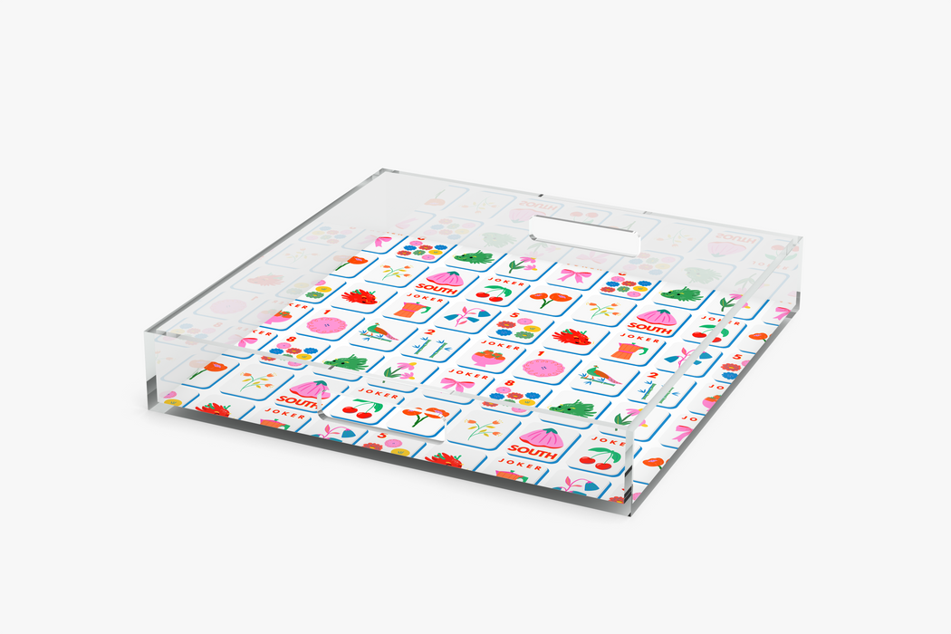 Angle square acrylic tray with Mahjong Tiles pattern on a white background
