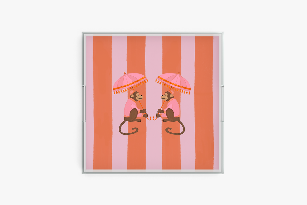 Square acrylic tray with Monkeys Coral Stripe pattern on a white background