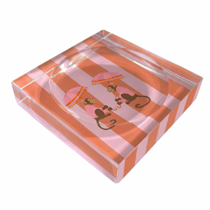 Catchall tray  with Monkeys Coral Stripe pattern on a withe background