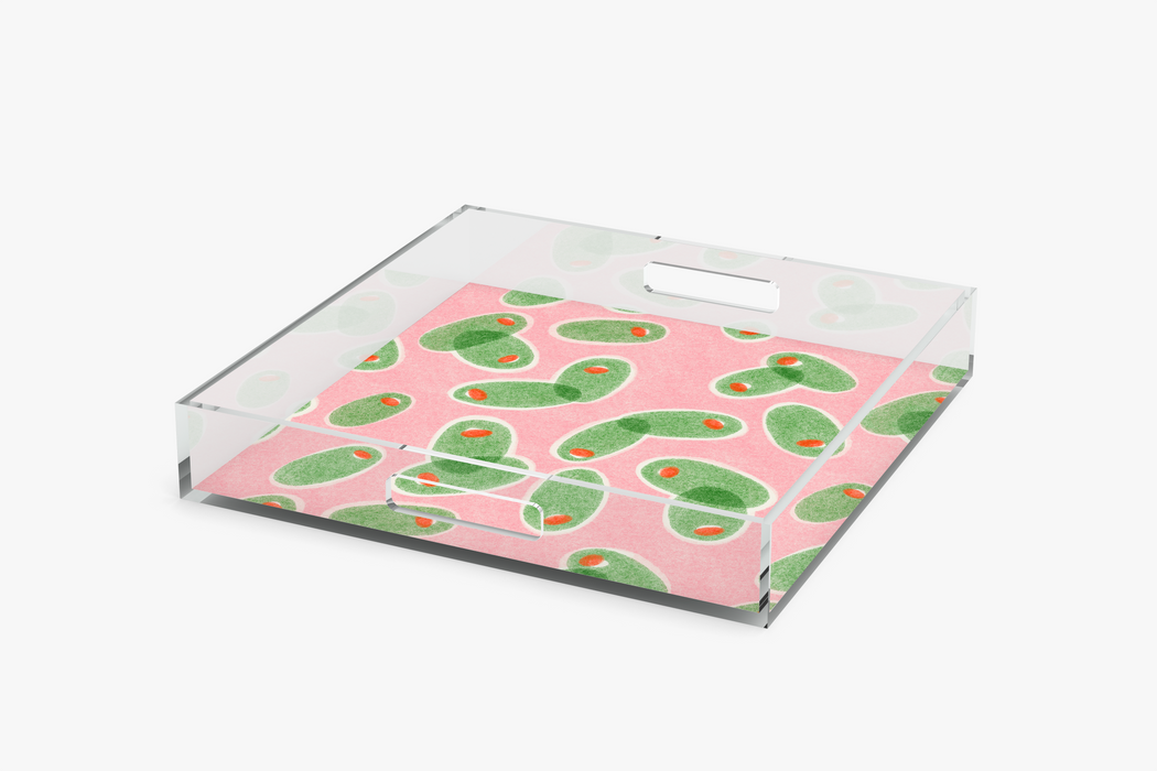 Angle Square acrylic tray with Olives Extra-Dirty pattern on a white background