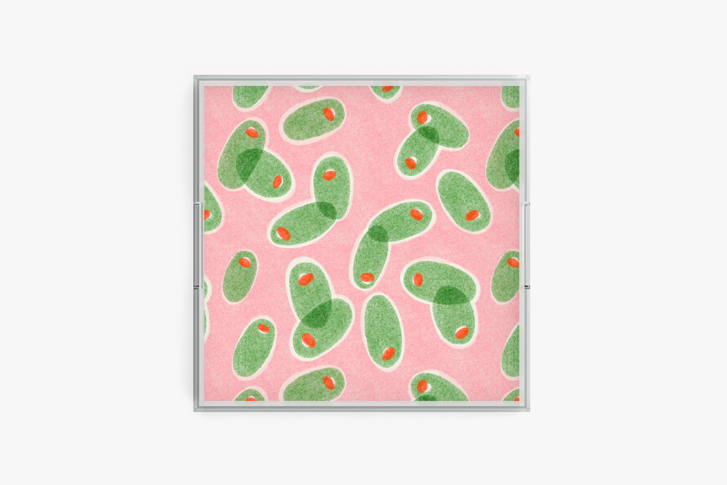 Square acrylic tray with Olives Extra-pattern on a white background