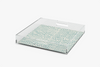 Angle 12x12 square acrylic serving tray with Pebble Blue print on white background