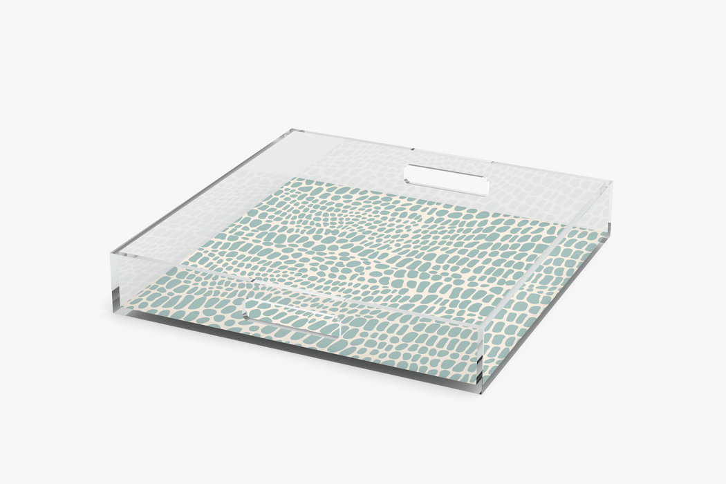 Angle 12x12 square acrylic serving tray with Pebble Blue print on white background