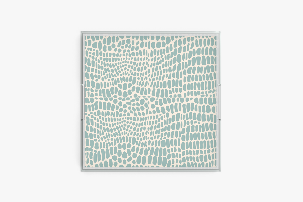 12x12 square acrylic serving tray with Pebble Blue print on white background