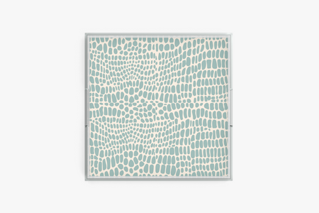 12x12 square acrylic serving tray with Pebble Blue print on white background