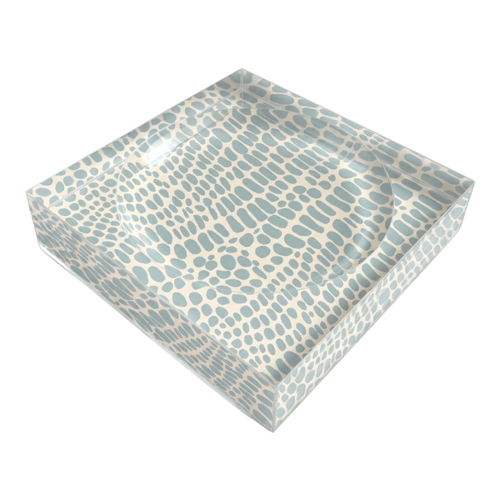 Square acrylic catchall tray with Pebble Blue pattern on a white background.