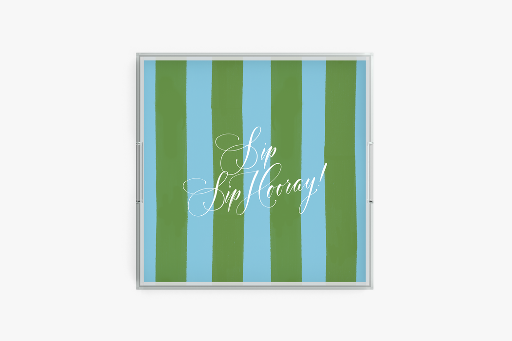 Square acrylic tray with Sip Sip Hooray pattern on a white background
