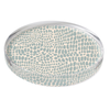 Round acrylic coaster with 
Pebble blue pattern on a white background