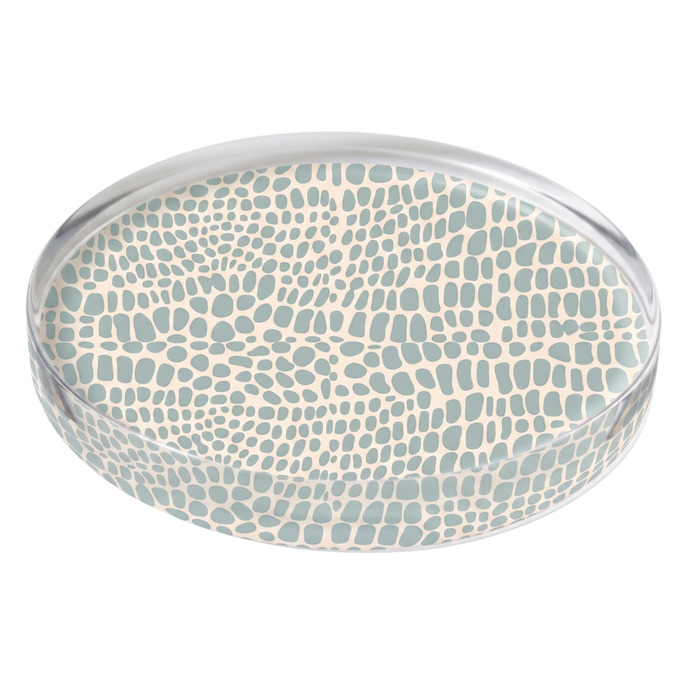Round acrylic coaster with 
Pebble blue pattern on a white background