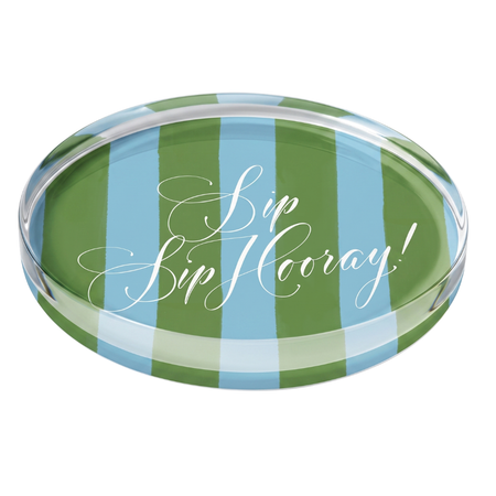 Round acrylic coaster with Sip Sip Hooray blue-green pattern on a white background