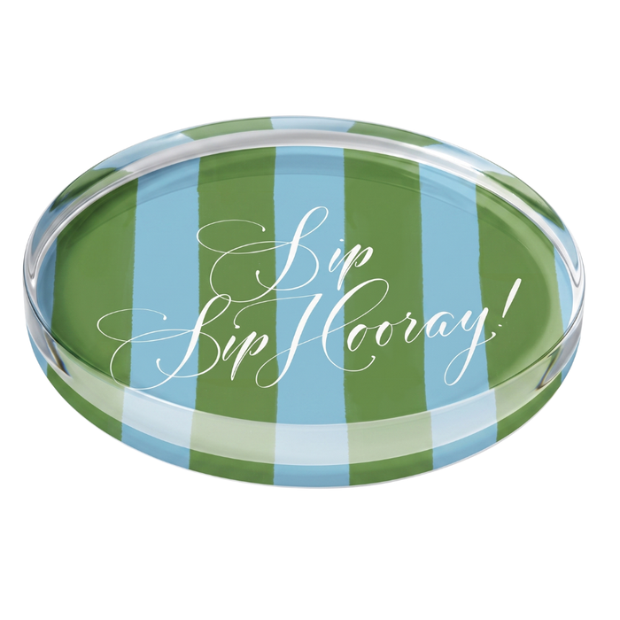 Round acrylic coaster with Sip Sip Hooray blue-green pattern on a white background