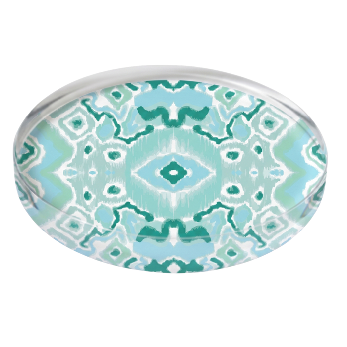 Round acrylic coaster with Ikat Mint pattern on a white background