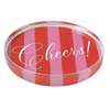 Round acrylic coaster with Cheers red and pink striped pattern on a white background