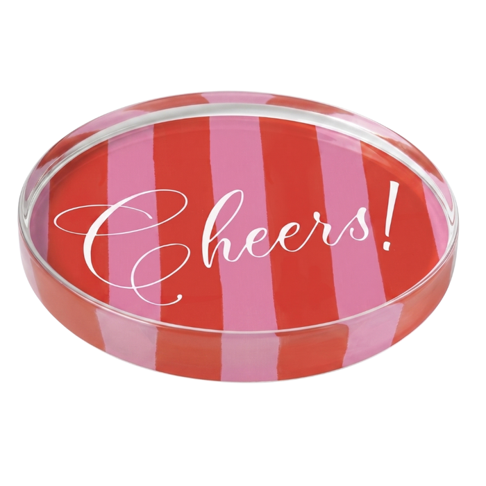 Round acrylic coaster with Cheers red and pink striped pattern on a white background