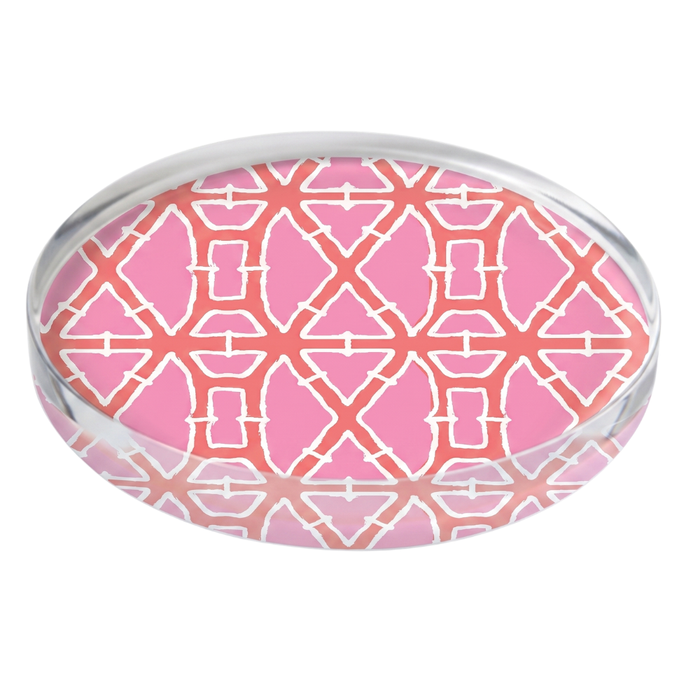 Round acrylic coaster with Bamboo Pink pattern on a white background