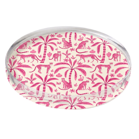 Round acrylic coaster with Leopard palms pattern on a white background
