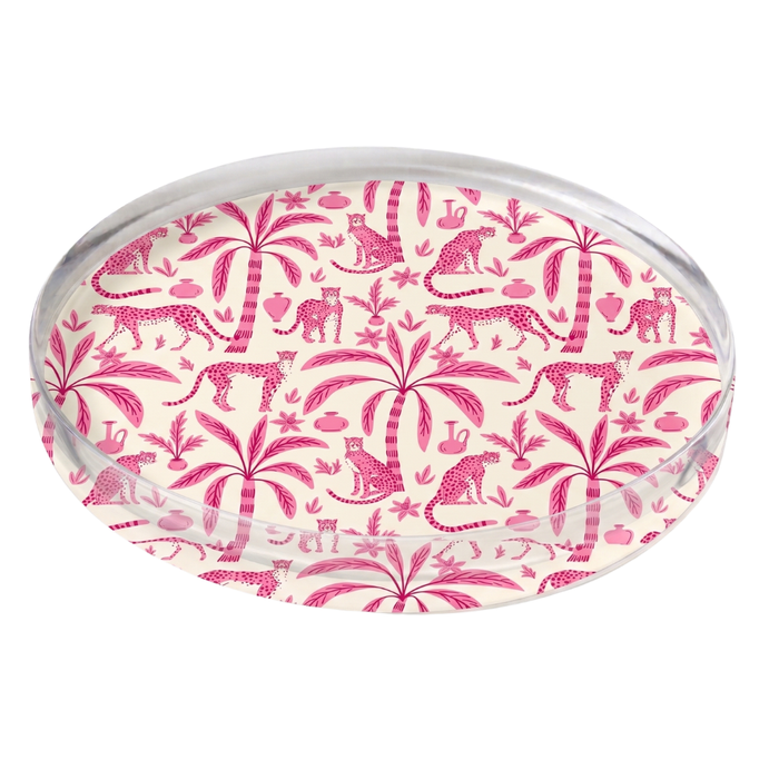 Round acrylic coaster with Leopard palms pattern on a white background