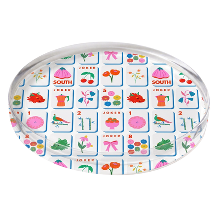 Round acrylic coaster with Mahjong Tiles pattern on a white background