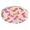 Round acrylic coaster with Disco Cowgirl pattern on a withe background
