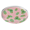 Round acrylic coaster with Olives Extra Dirty pattern on a withe background