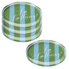 Four round acrylic coasters with Sip Sip Hooray green-blue pattern on a white background