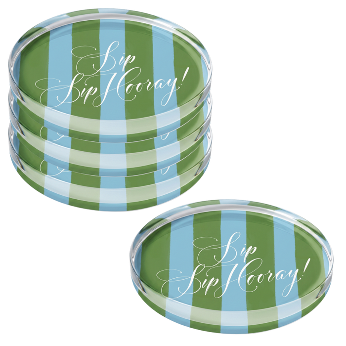 Four round acrylic coasters with Sip Sip Hooray green-blue pattern on a white background