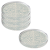 Four round acrylic coasters with Pebble Blue pattern on a white background
