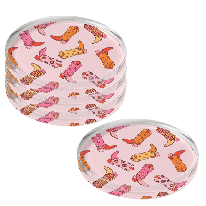 Four round acrylic coaster with Disco Cowgirl pattern on a withe background