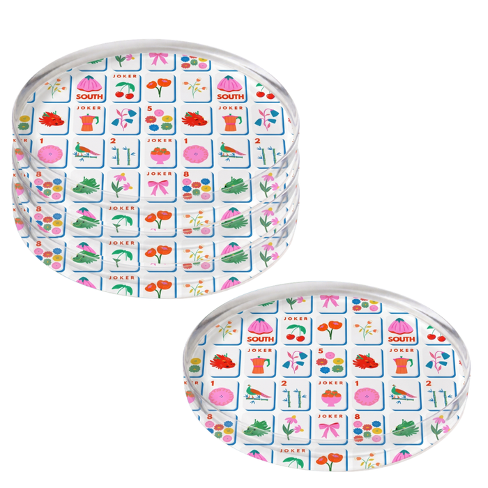 Four round acrylic coaster with Mahjong Tiles pattern on a white background