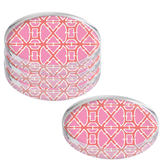 Four round acrylic coaster with Bamboo Pink pattern on a white background