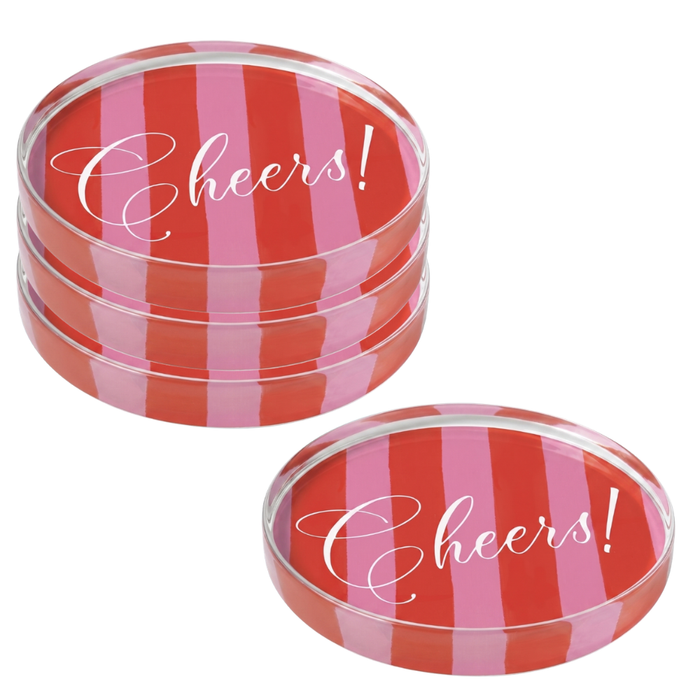 Four round acrylic coaster with Cheers red and pink striped pattern on a white background
