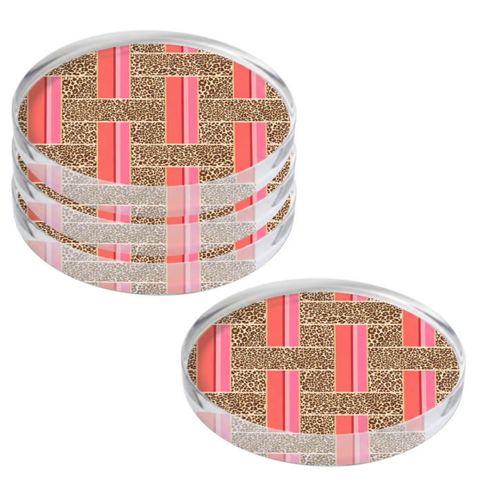 Four round acrylic coaster with Cheetah Stripe pattern on a white background