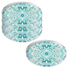 Four round acrylic coasters with Ikat Mint pattern on a white background