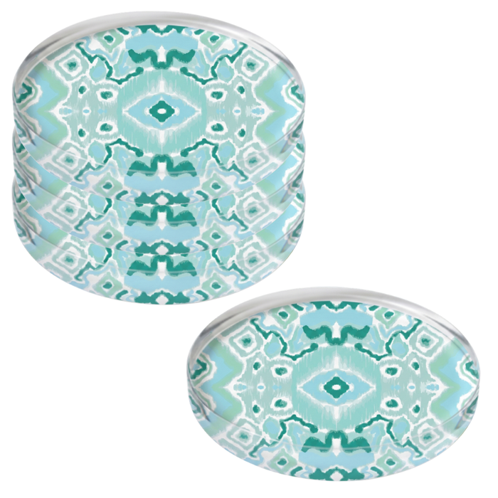Four round acrylic coasters with Ikat Mint pattern on a white background